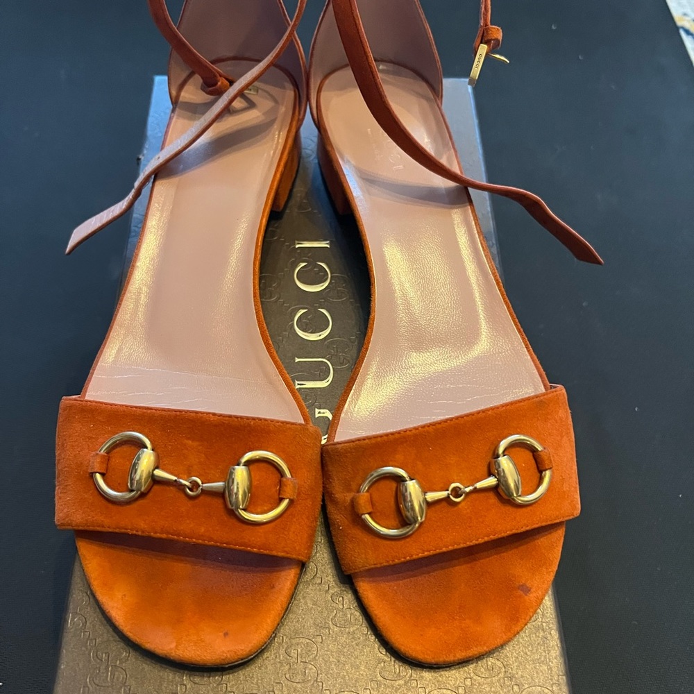 Gucci horsebit orange suede sandals, size 39